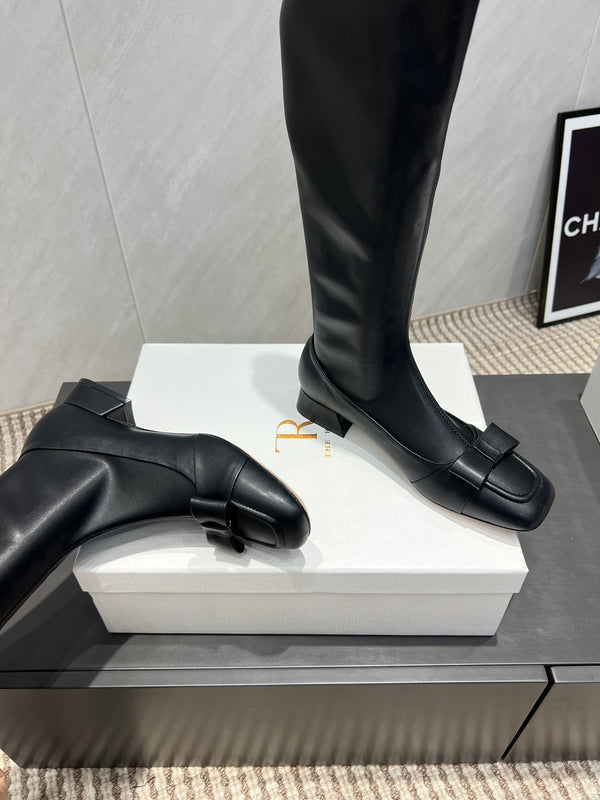 The Row 2025 Square Toe And Bow Accent Long Boot Black Sheepskin 540513
