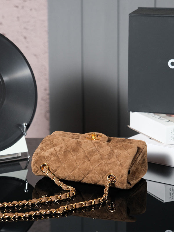 Classic Flap Bag 20cm Brown Suede Gold Hardware