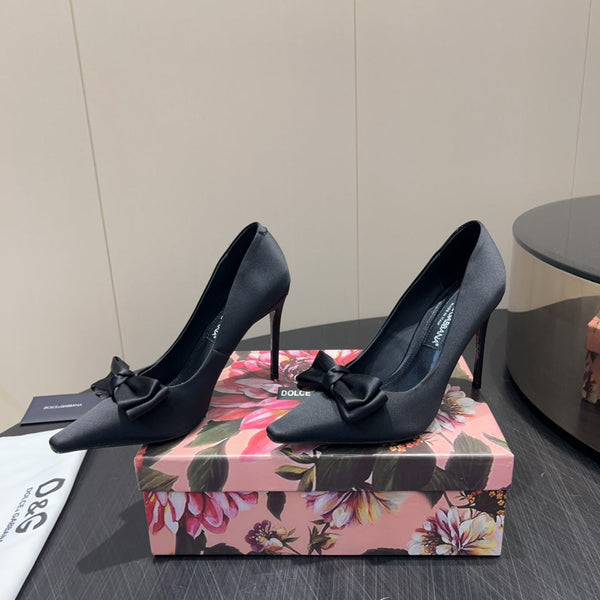 DC 25 Toe Bow High Heel Shoes 100mm Black Silk And Sheepskin 381609