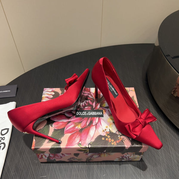 DC 25 Toe Bow High Heel Shoes 100mm Red Silk And Sheepskin 381610
