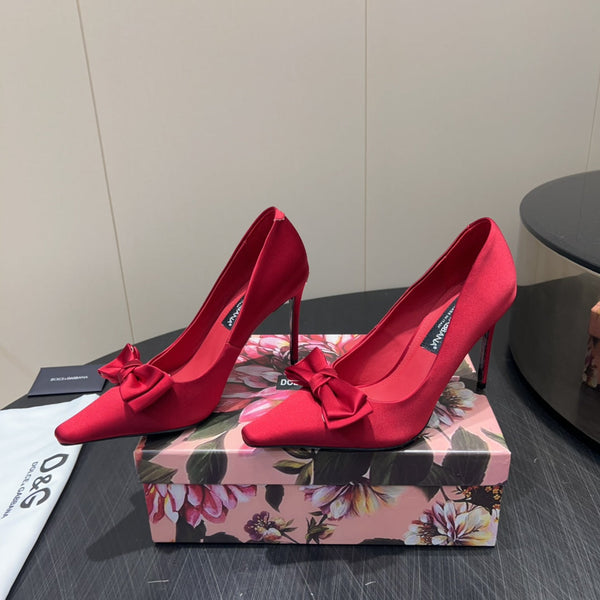 DC 25 Toe Bow High Heel Shoes 100mm Red Silk And Sheepskin 381610