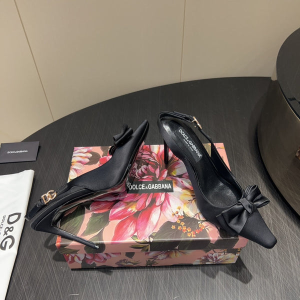 DC 25 Toe Bow Slingback Pumps 100mm Black Silk And Sheepskin 381612