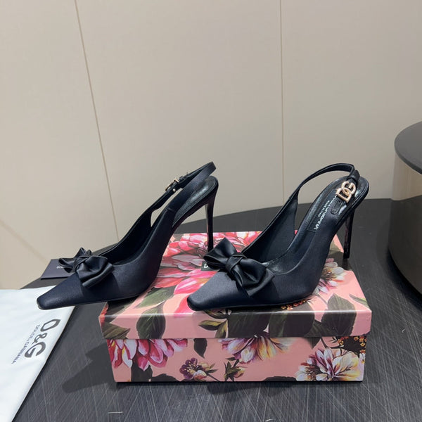DC 25 Toe Bow Slingback Pumps 100mm Black Silk And Sheepskin 381612