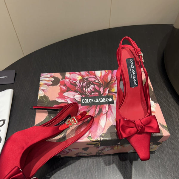 DC 25 Toe Bow High Heel Shoes 100mm Red Silk And Sheepskin 381613