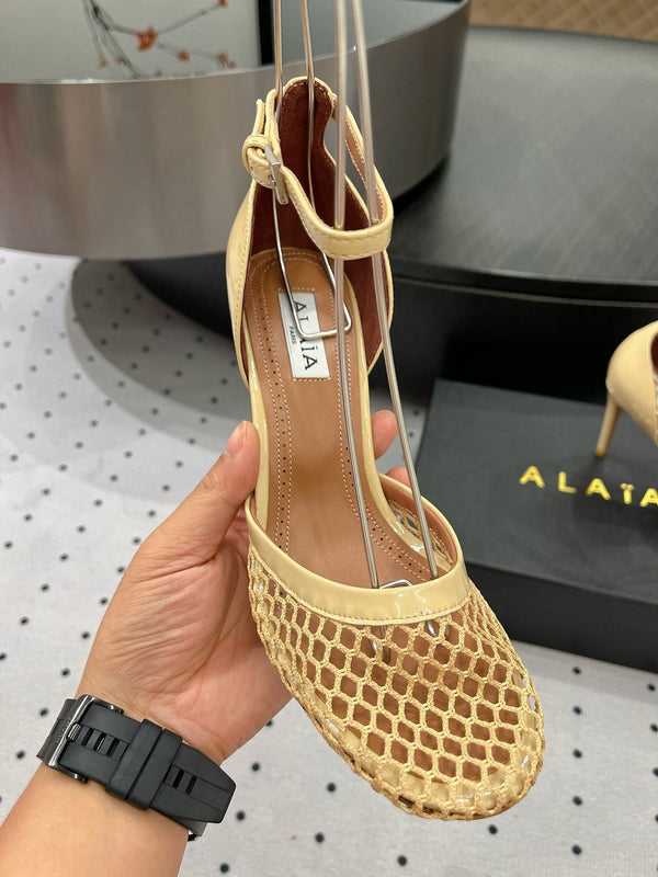 Alaila High Fishnet Pumps 90mm In Light Yellow Mesh Fabric 954852
