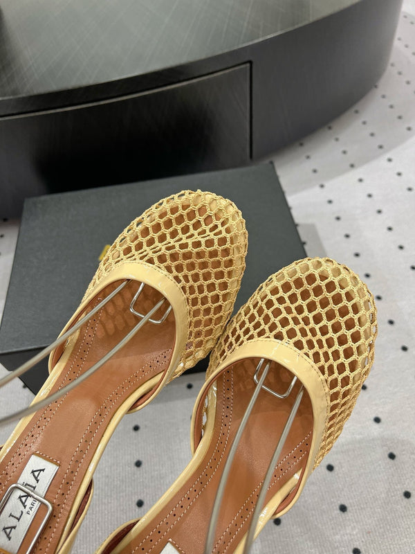 Alaila High Fishnet Pumps 90mm In Light Yellow Mesh Fabric 954852
