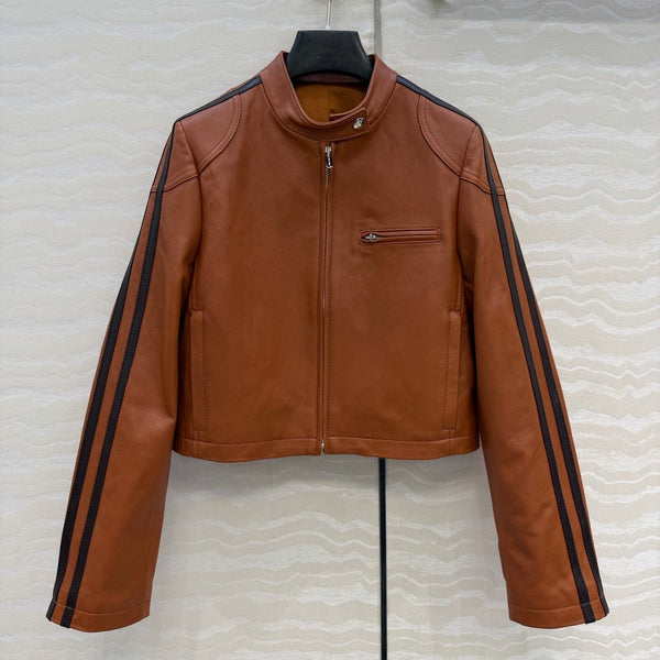 Miu SS26 Nappa Leather Jacket Stripes Brandy Lambskin 351105