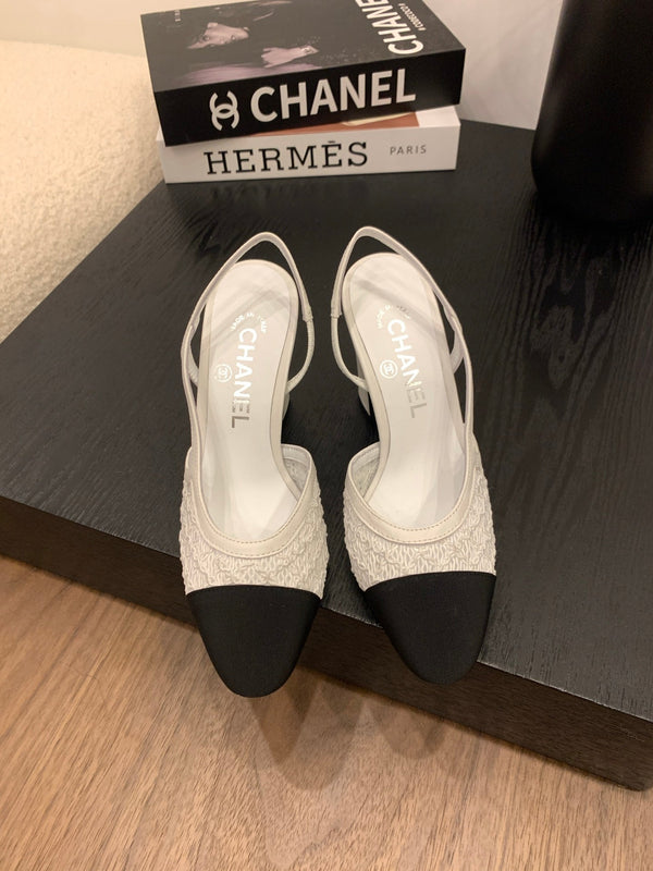 CC 25 Sandal Heel 85mm White Fabric Black Grosgrain