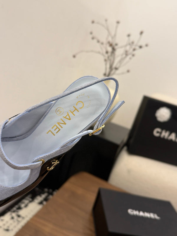 CC 26FW Slingback 7.5cm Grey Black Suede Patent Leather 676121