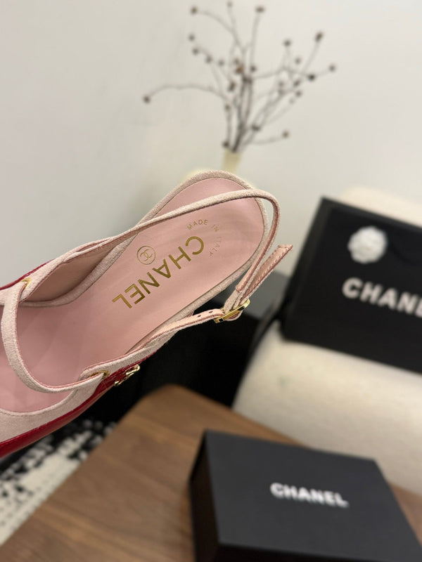 CC 26FW Slingback 7.5cm Pink Red Suede Patent Leather 676122