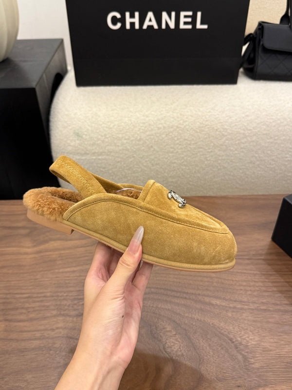 CC 26s Slingback Loafers Camel Suede Shearling 122672