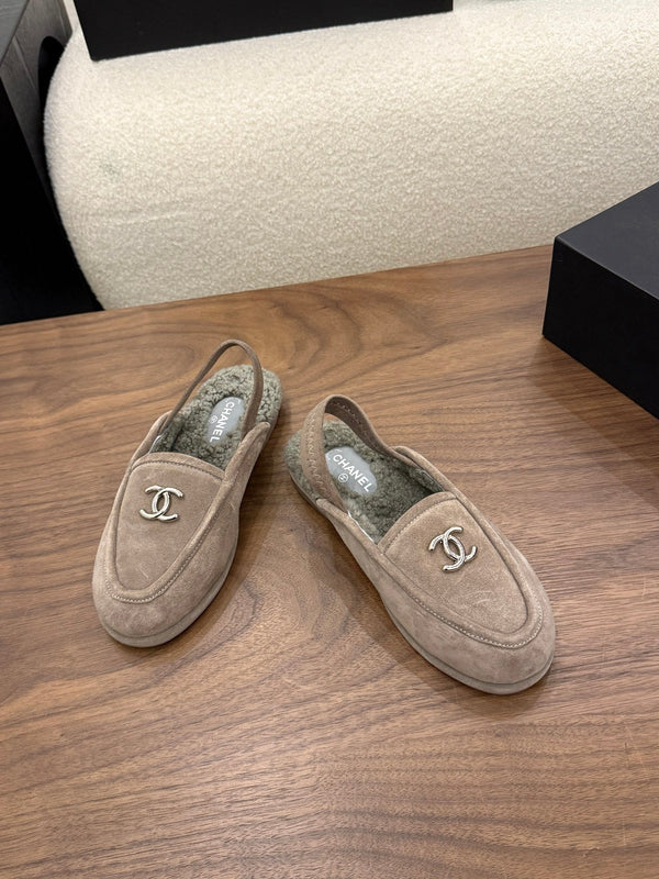 CC 26s Slingback Loafers Taupe Suede Shearling 122674