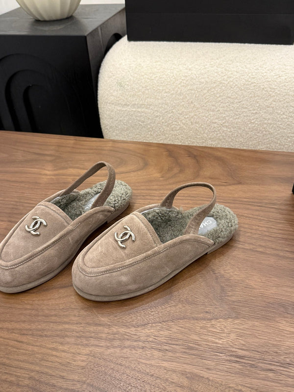 CC 26s Slingback Loafers Taupe Suede Shearling 122674