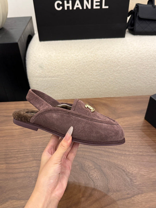 CC 26s Slingback Loafers Dark Taupe Suede Shearling 122674