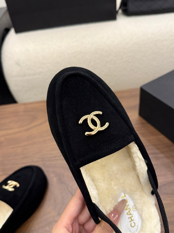 CC 26s Slingback Loafers Black Cream Suede Shearling 122677