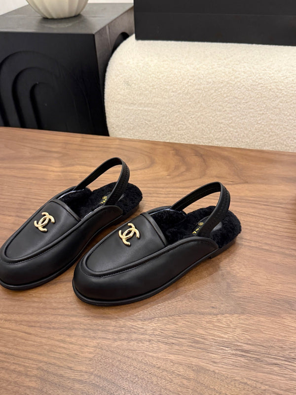 CC 26s Slingback Loafers Black Leather Shearling 122678