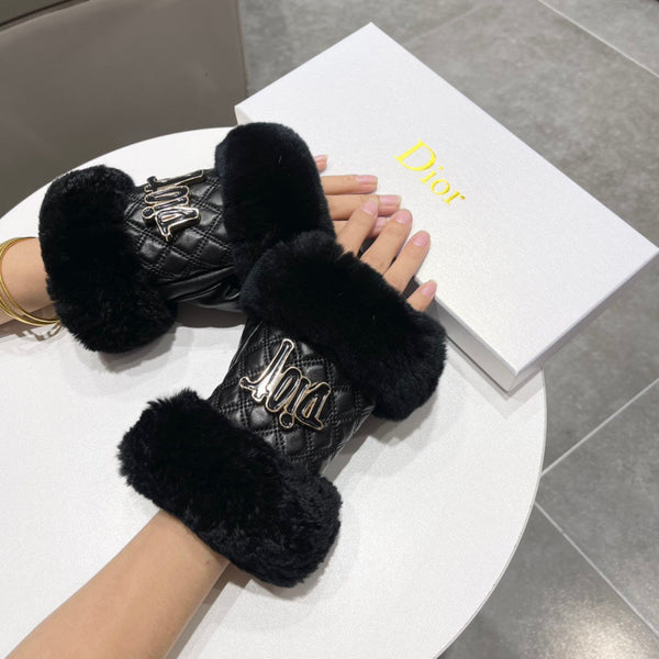 FINGERLESS GLOVES IN BLACK RABBIT FUR AND LAMBSKIN 113716