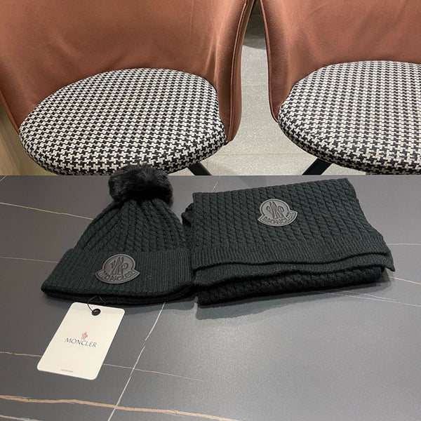 Moncler Hat Scarf Set Black Cable Knit Fur 481807