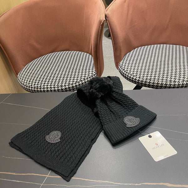 Moncler Hat Scarf Set Black Cable Knit Fur 481807