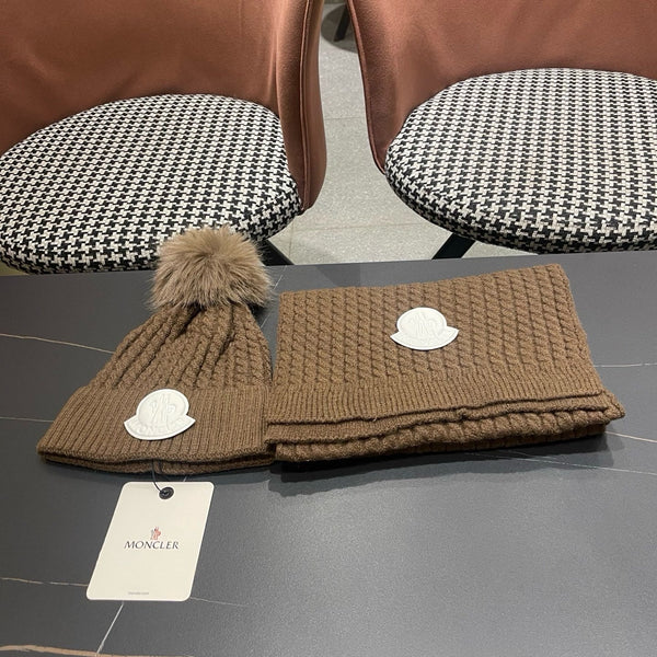 Moncler Hat Scarf Set Brown Cable Knit Fur 481808
