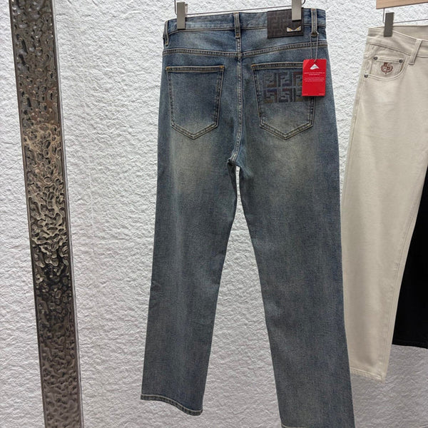 FF 2026 Men's Jeans Washed Blue Brown Logo Denim 738154