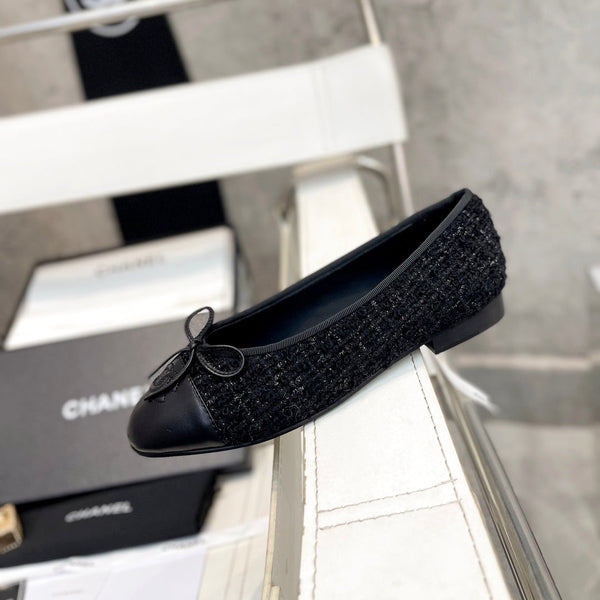 CC Bow Ballet Flats Black Tweed Lambskin 818101