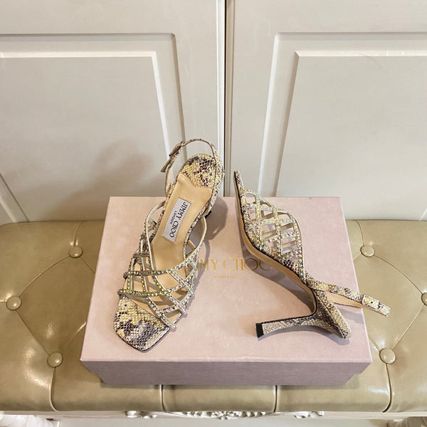 Jimmy Choo Saila Sandals 9cm Beige Sheepskin/Snake-Print Leather 688239