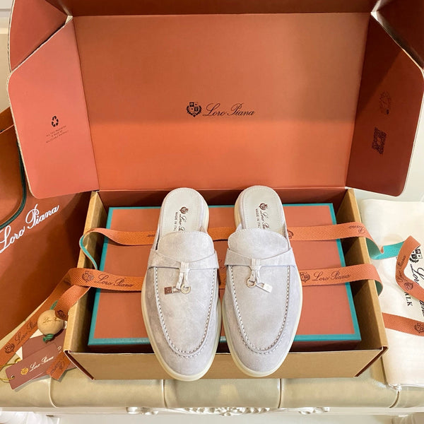 LP 26s Lock Charm Mules In Light Grey Suede