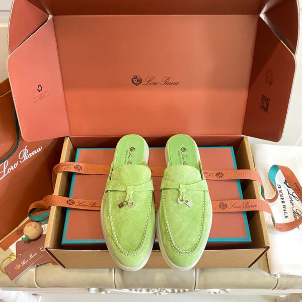 LP 26s Lock Charm Mules In Light Green Suede