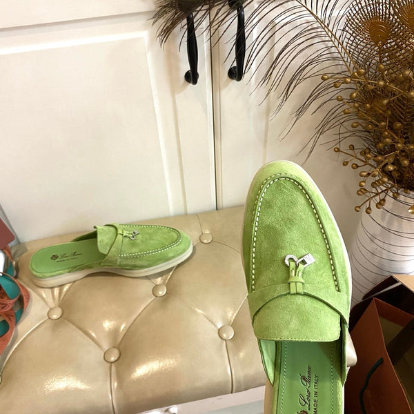 LP 26s Lock Charm Mules In Light Green Suede