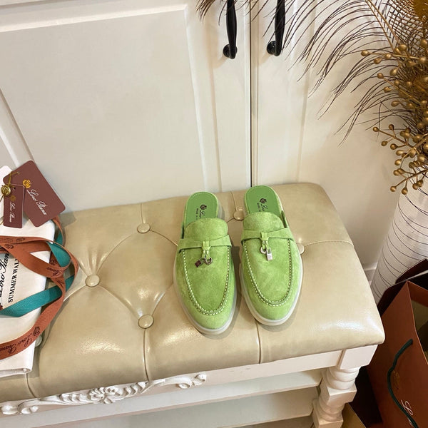 LP 26s Lock Charm Mules In Light Green Suede
