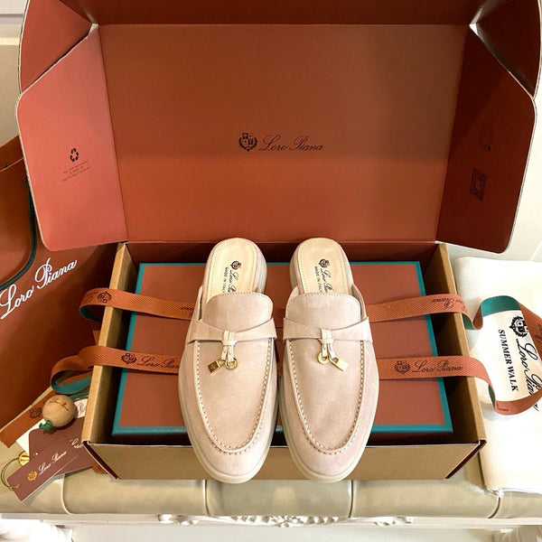LP 26s Lock Charm Mules In Light Pink Suede