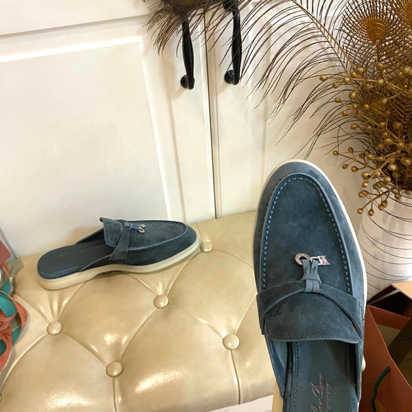 LP 26s Lock Charm Mules In Slate Blue Suede