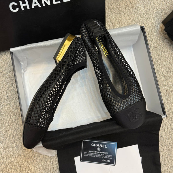 CC 25C Ballet Flat Black Mesh Fabric Grosgrain