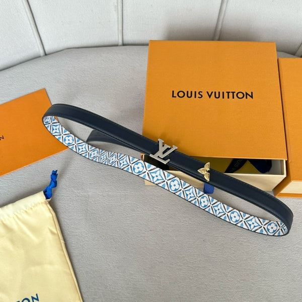 Pretty LV 20mm Reversible Belt Silver Buckle Black White Blue Leather