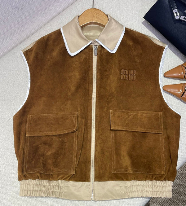 Miumiu 2026 Patchwork Vest Brown Mix Beige Suede Fabric 425321