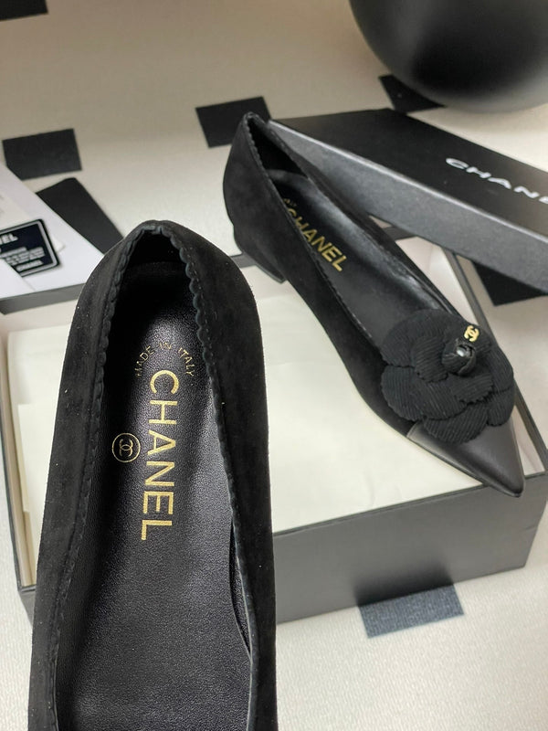 CC 25C Classic Camellia Pointed High Heels Flat 15mm Black Suede 247610