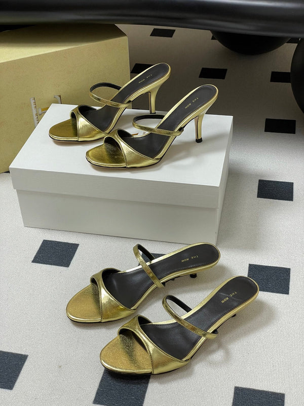 The Row 25S Strap High Heel Mule Sandals 35mm Black Mix Gold Metallic Cowhide 286218