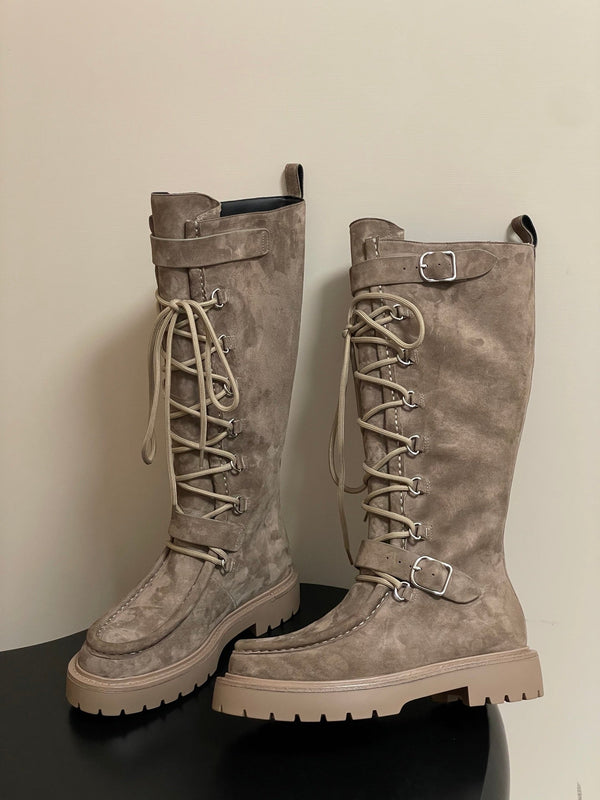 HM Lace Up Boots 25mm Belt Buckle Taupe Suede