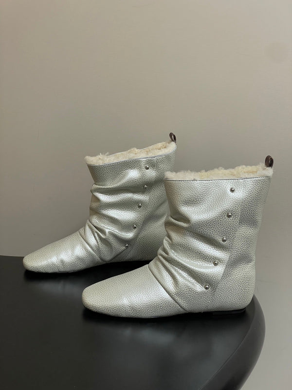 LV 25Fw Nomad Slip-on Ankle Boots Flat Silver Grain Leather Wool-lined 534593