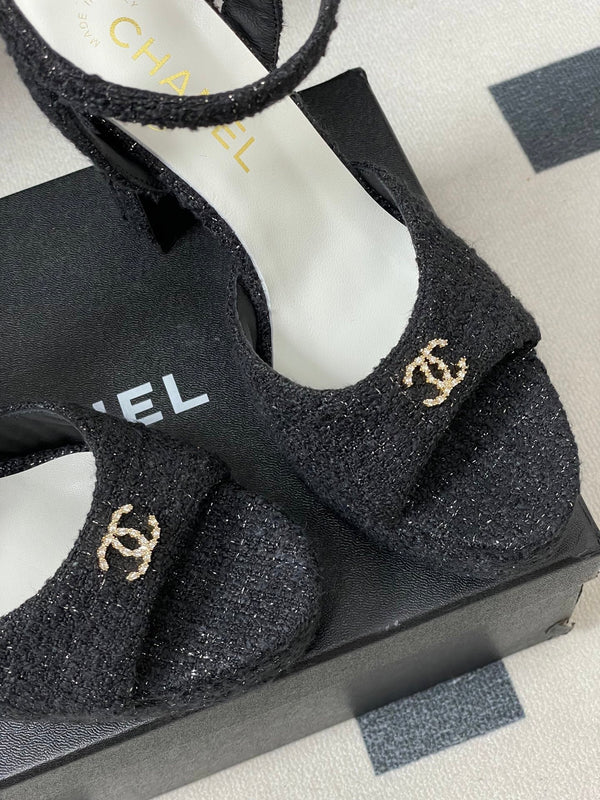 CC 26SS Platform Sandals 120mm Black Double C Tweed 632570