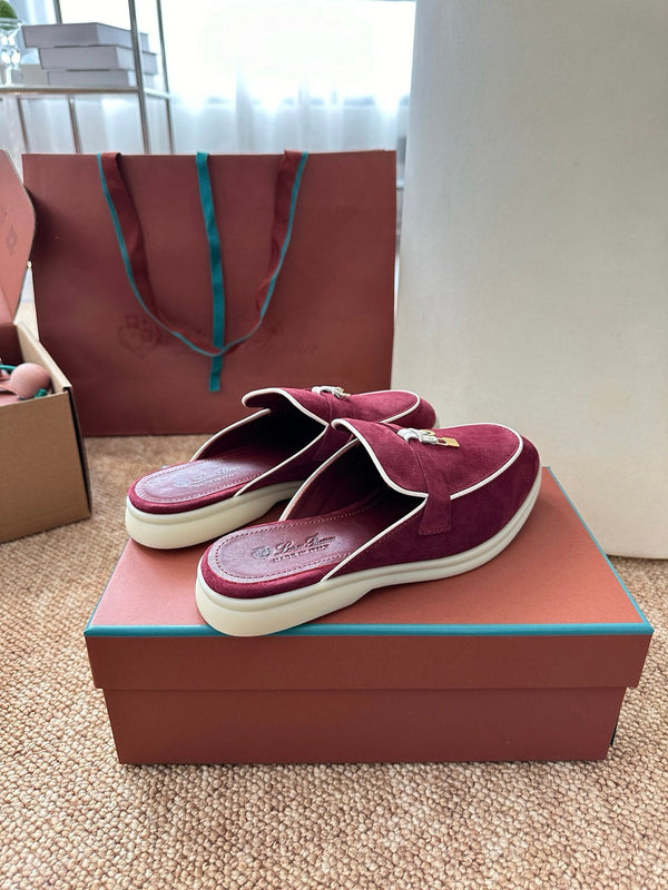 Loro Piana Charms Walk Flat Mules Burgundy Suede 623547