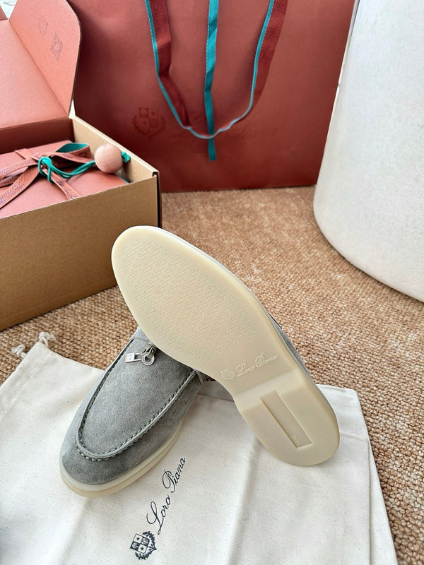 Loro Piana Charms Walk Flat Mules Gray-Green Suede 623552