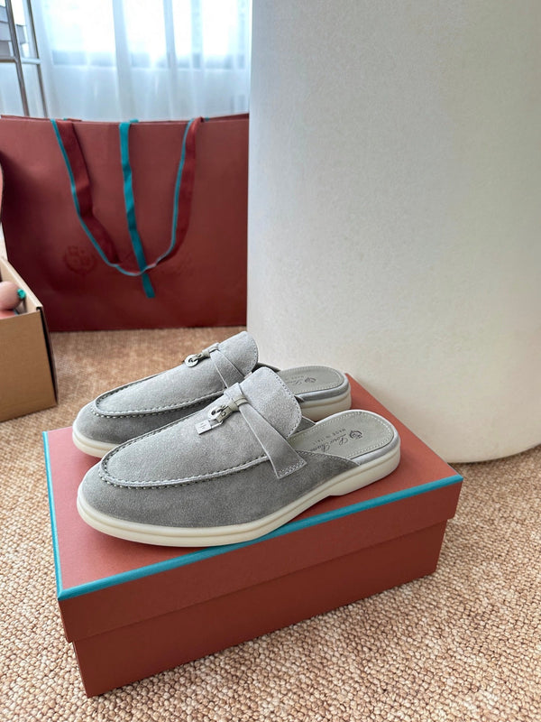 Loro Piana Charms Walk Flat Mules Gray-Green Suede 623552