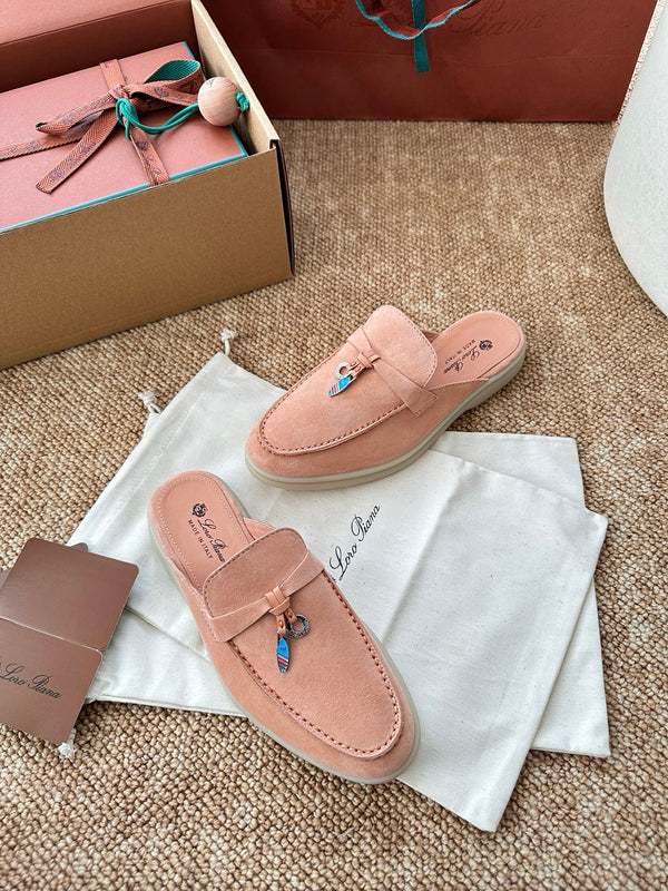 Loro Piana Charms Walk Flat Mules Himalayan Salt Suede 623554