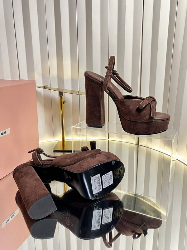 Miu 26s Platform Ankle Strap Sandals 120mm In Dark Brown Suede With Bow