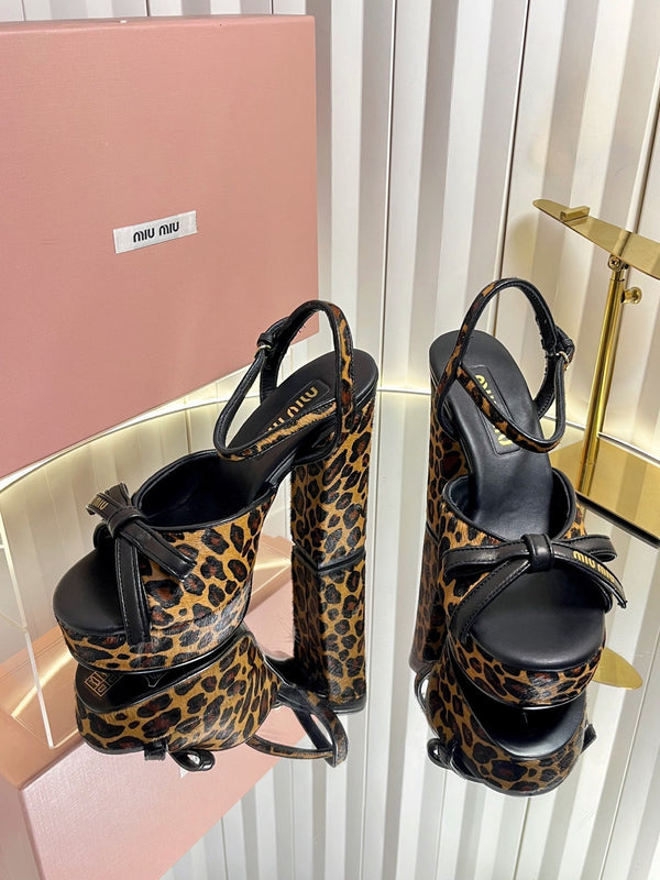 Miu 26s Platform Ankle Strap Sandals 120mm In Leopard Print Calf Hair With Bow