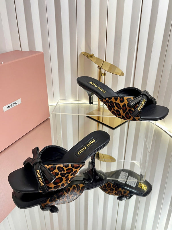 Miu 26s Mule Sandals 55mm In Leopard Print Calf Hair With Bow