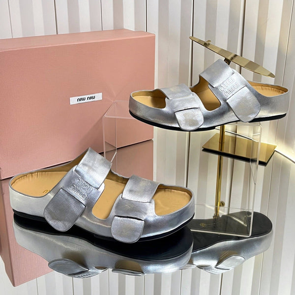 Miu 26s Double-Strap Slides In Sliver Calfskin