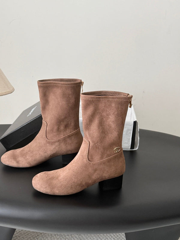 CC 26s Chunky Heel Elastic Short Boots 5cm Brown Suede 969717